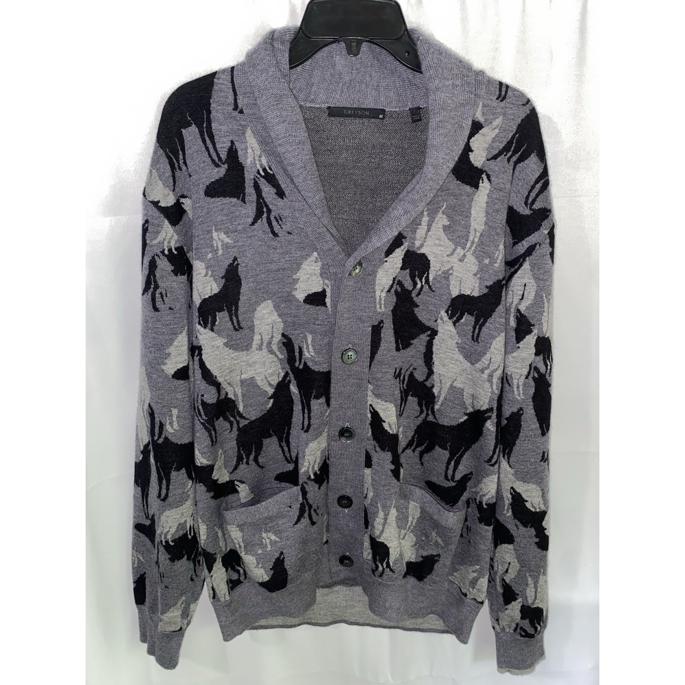 Greyson Wolf Cardigan Sweater Shawl Mens Medium Gray Black All Over Print